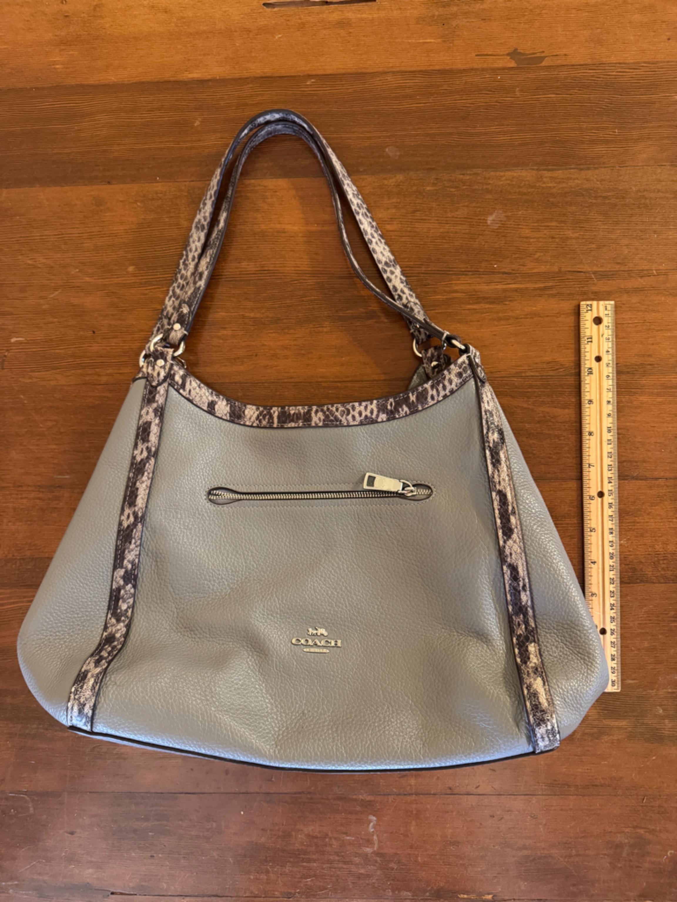 Coach Light Gray Pebbled Leather Shoulder Bag With Snake-Print Trim